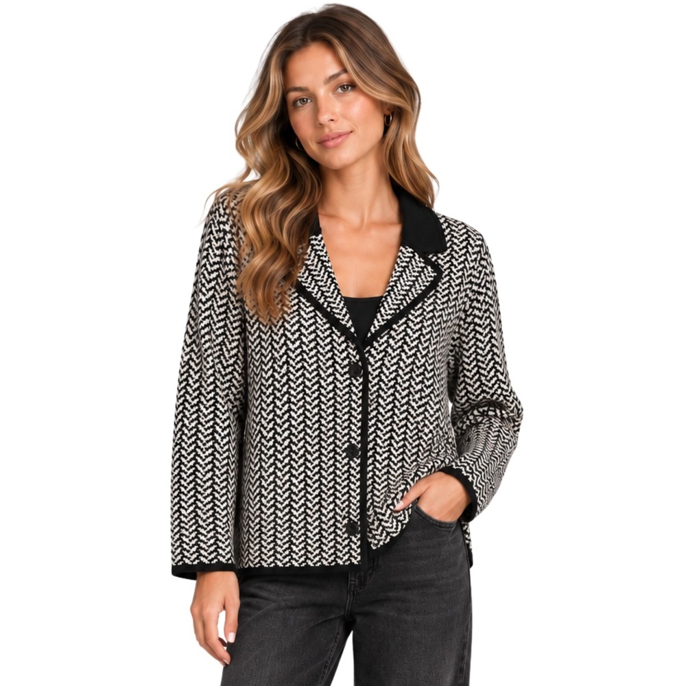 Misook Cardigan Top Womens Small Black Cream Chevron Button Up Long Sleeve Knit